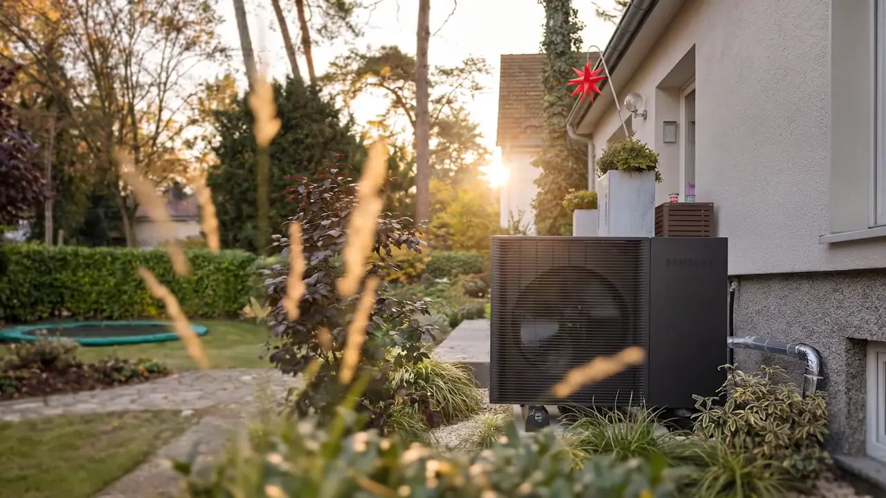Außengerät einer Luft-Wasser-Wärmepumpe im Garten eines Einfamilienhauses